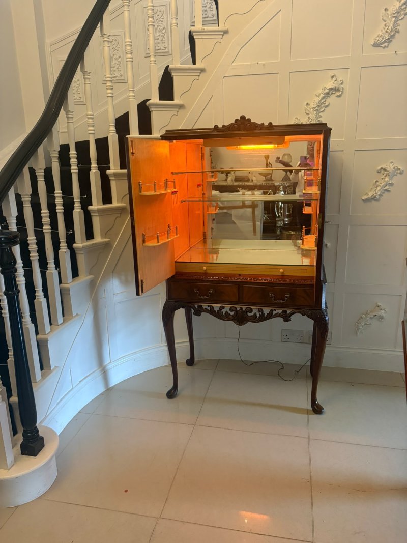 Antique Figured Mahogany Illuminated Cocktail Drinks Cabinet on Stand - Image 3