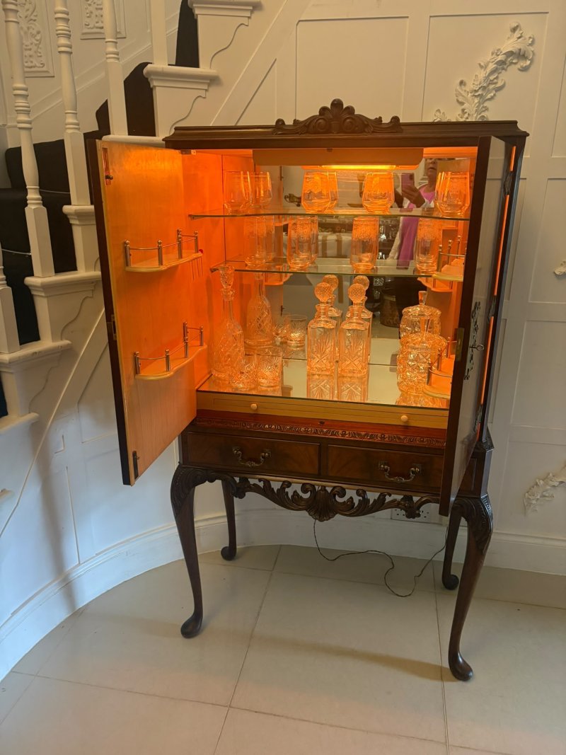 Antique Figured Mahogany Illuminated Cocktail Drinks Cabinet on Stand - Image 5