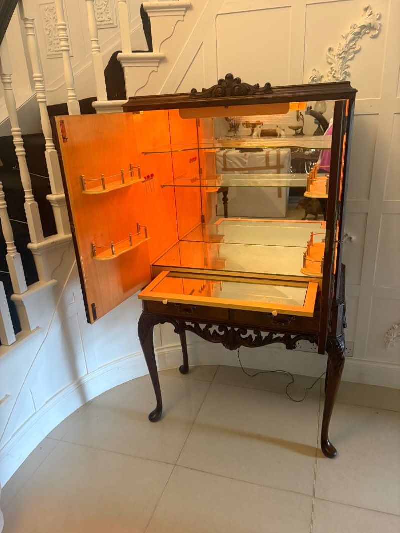 Antique Figured Mahogany Illuminated Cocktail Drinks Cabinet on Stand - Image 4