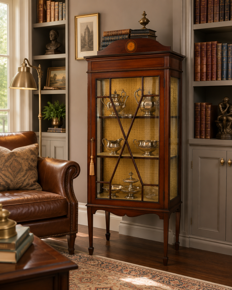 Antique Edwardian Inlaid Mahogany Display Cabinet Bookcase Glazed Cabinet - Image 10