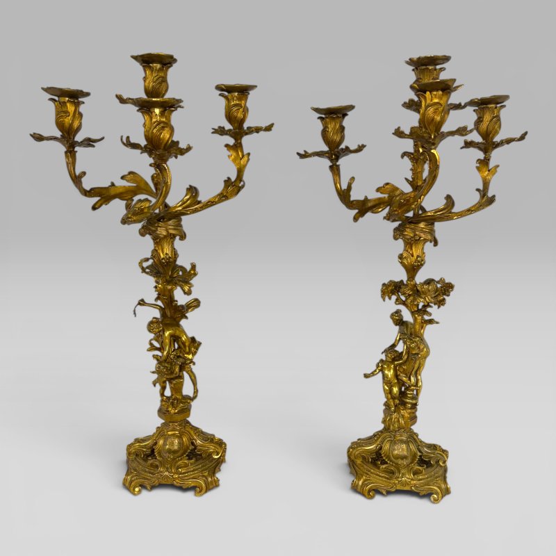 Antique Pair of French Rococo Gilt Bronze Figural Candelabra, Late 19th Century