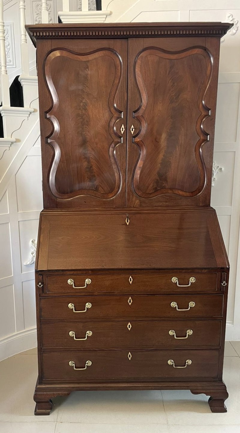 Outstanding Quality Antique George II Figured Mahogany Bureau Bookcase