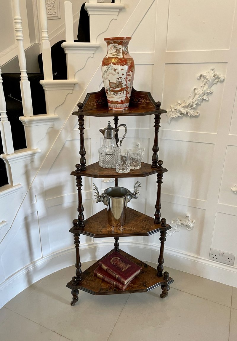 Quality Antique 19th Century Victorian Inlaid Walnut Four Tier Corner Whatnot - Image 2
