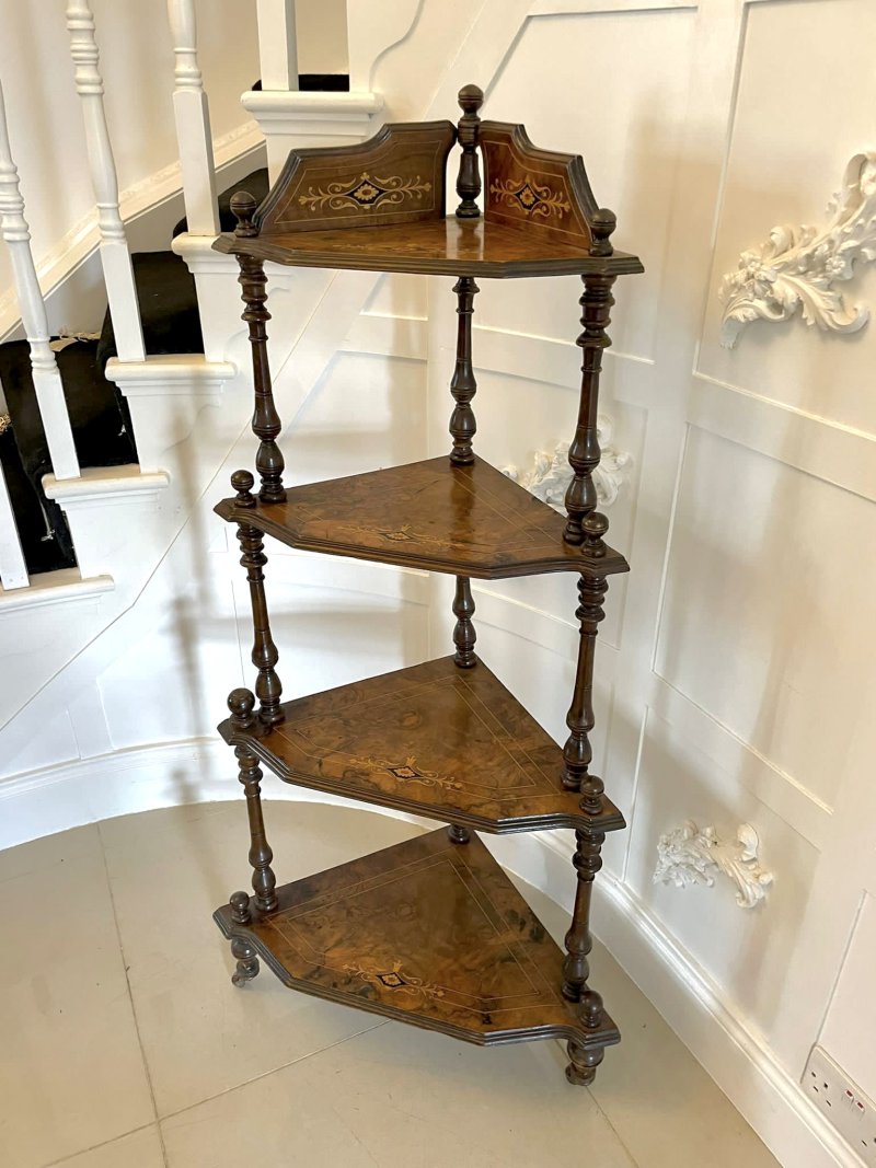 Quality Antique 19th Century Victorian Inlaid Walnut Four Tier Corner Whatnot