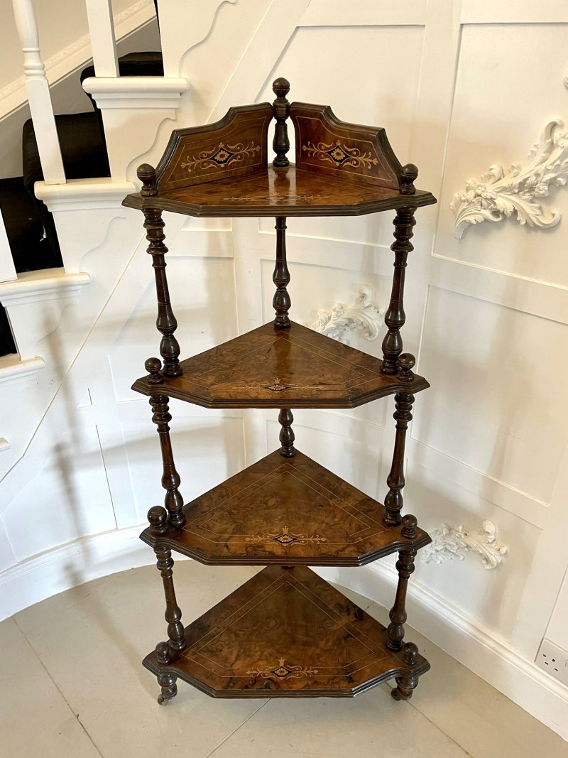 Quality Antique 19th Century Victorian Inlaid Walnut Four Tier Corner Whatnot - Image 3