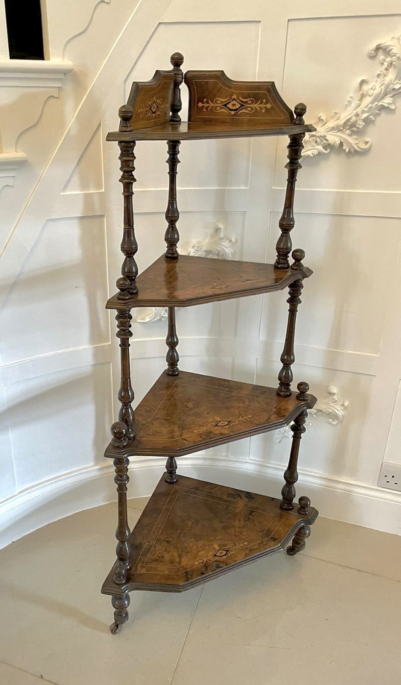 Quality Antique 19th Century Victorian Inlaid Walnut Four Tier Corner Whatnot - Image 4