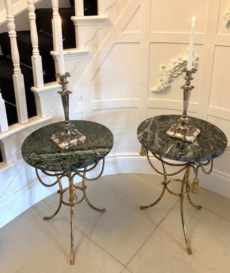 Antique Pair Italian Gilt Metal Verde Marble Tassel Side Lamp Tables - Image 3