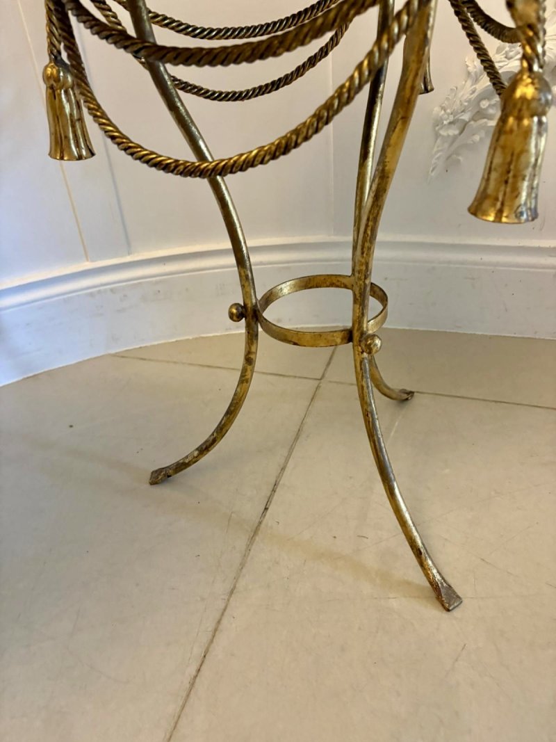 Antique Pair Italian Gilt Metal Verde Marble Tassel Side Lamp Tables - Image 11