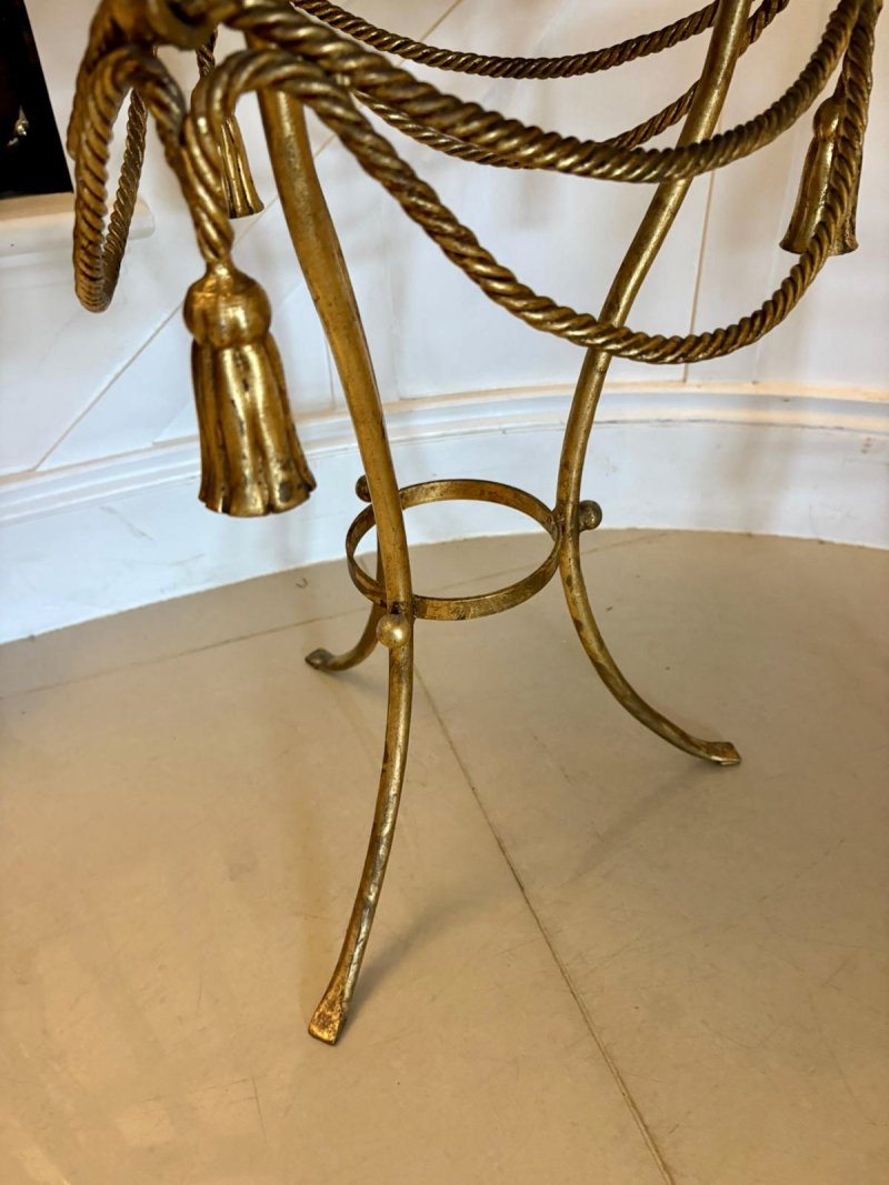 Antique Pair Italian Gilt Metal Verde Marble Tassel Side Lamp Tables - Image 12