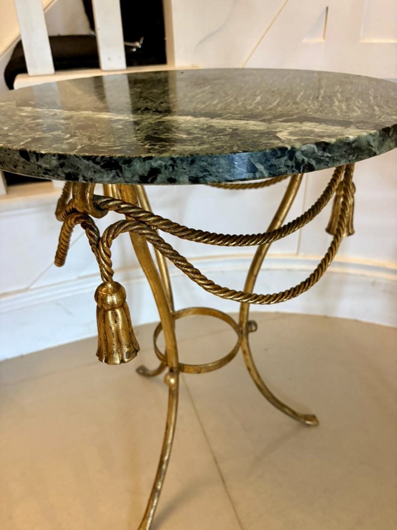 Antique Pair Italian Gilt Metal Verde Marble Tassel Side Lamp Tables - Image 8