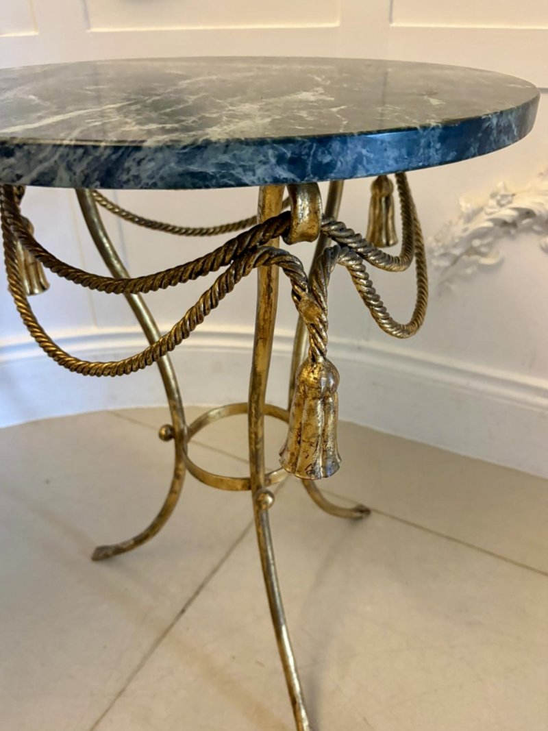 Antique Pair Italian Gilt Metal Verde Marble Tassel Side Lamp Tables - Image 7