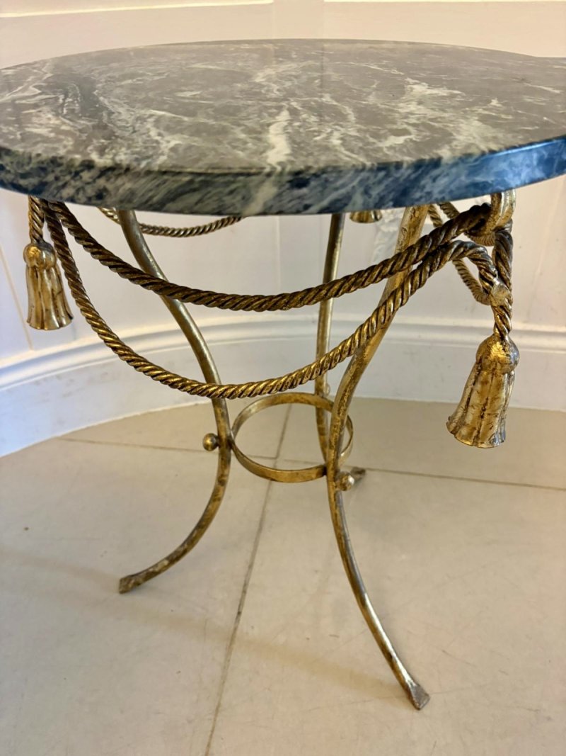 Antique Pair Italian Gilt Metal Verde Marble Tassel Side Lamp Tables - Image 9