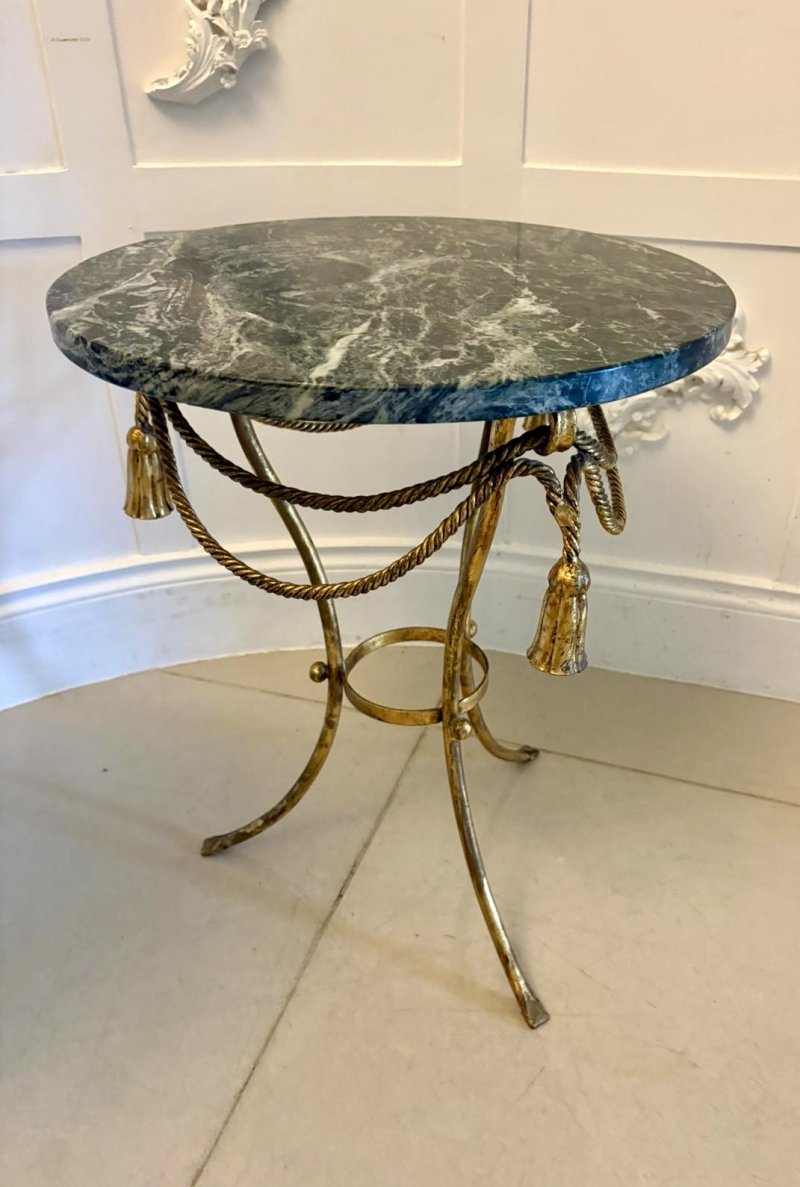 Antique Pair Italian Gilt Metal Verde Marble Tassel Side Lamp Tables - Image 10