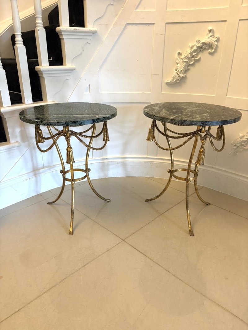Antique Pair Italian Gilt Metal Verde Marble Tassel Side Lamp Tables - Image 4
