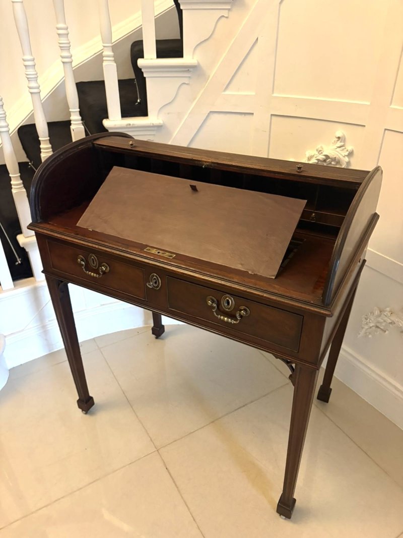 Antique Georgian Mahogany Tambour Top Cylinder Desk with Pull-Out Writing Slides - Image 9