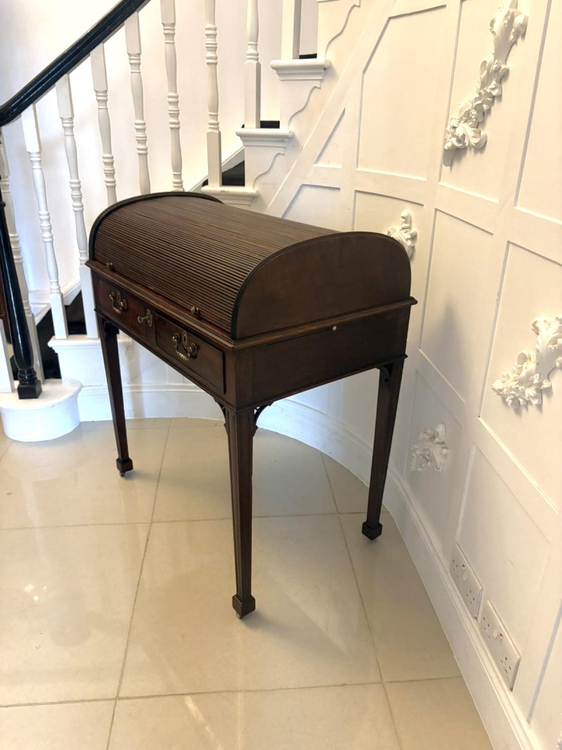 Antique Georgian Mahogany Tambour Top Cylinder Desk with Pull-Out Writing Slides - Image 11
