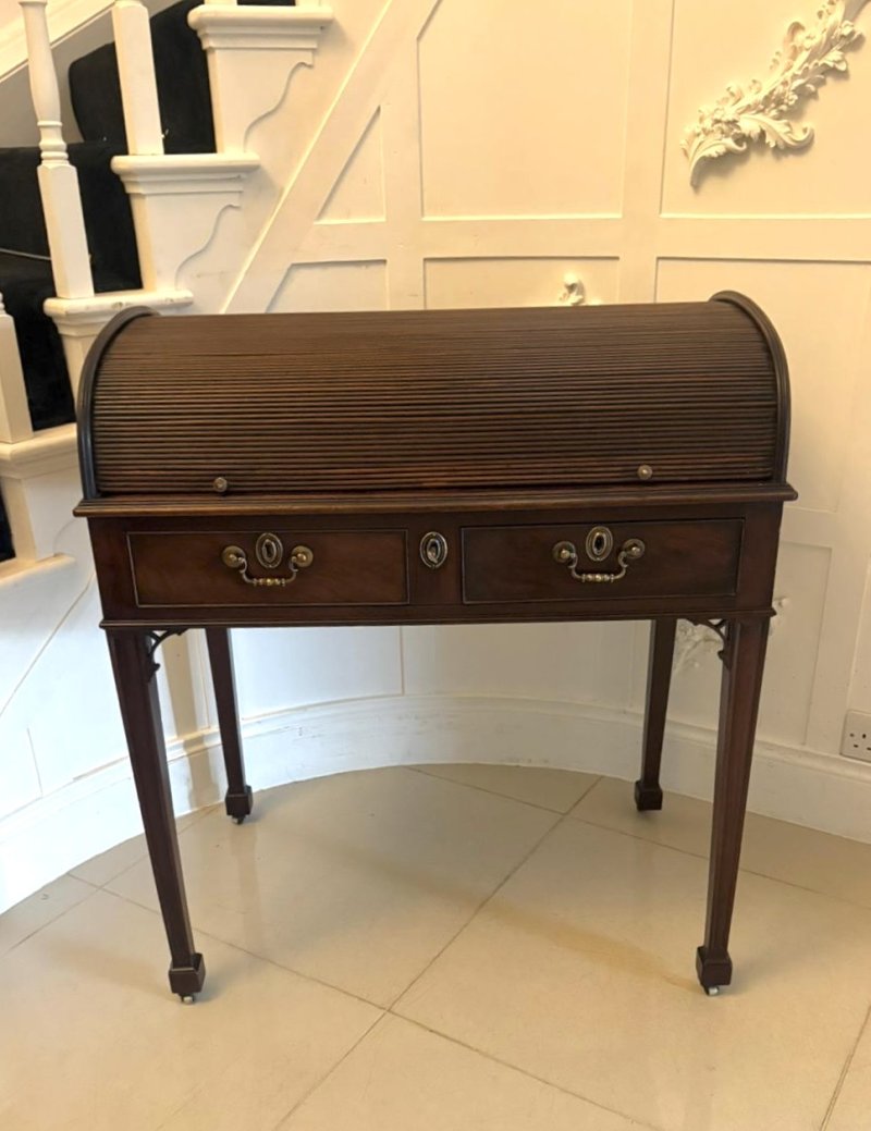Antique Georgian Mahogany Tambour Top Cylinder Desk with Pull-Out Writing Slides
