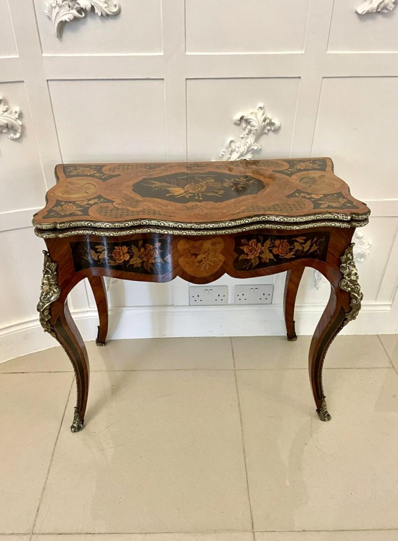 Fine Quality Antique Victorian French Kingwood Marquetry Inlaid Ormolu Mounted Card/Side Table - Image 3