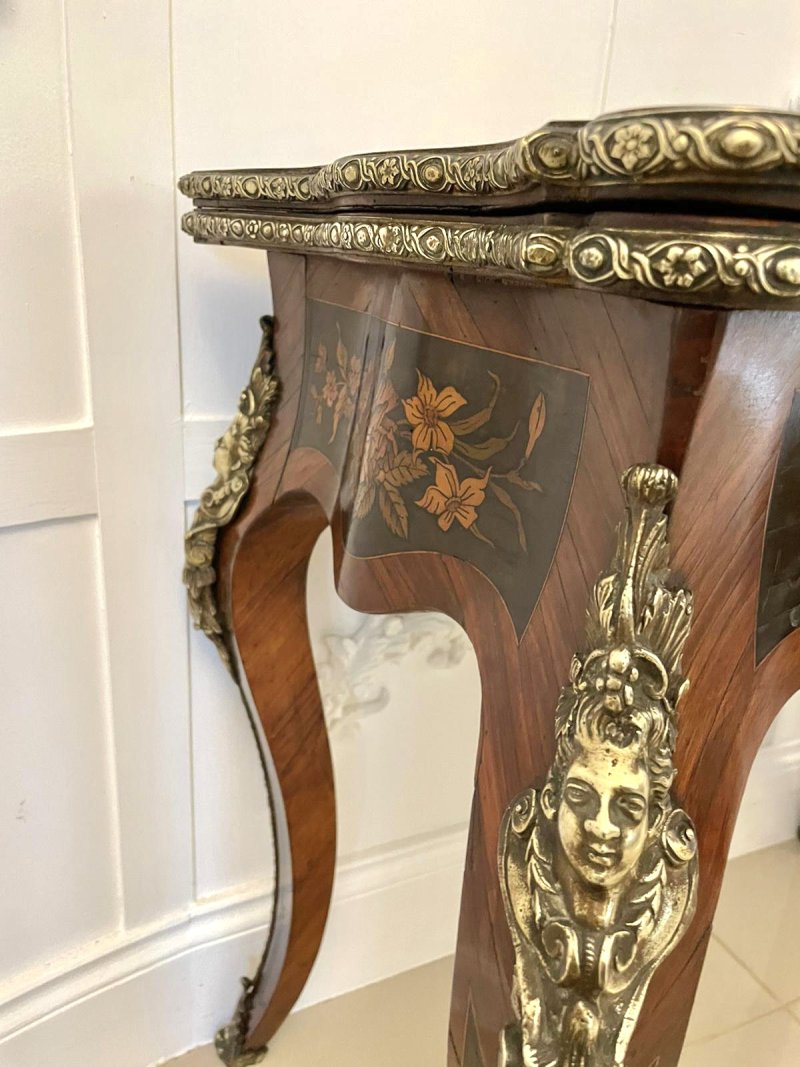 Fine Quality Antique Victorian French Kingwood Marquetry Inlaid Ormolu Mounted Card/Side Table - Image 12