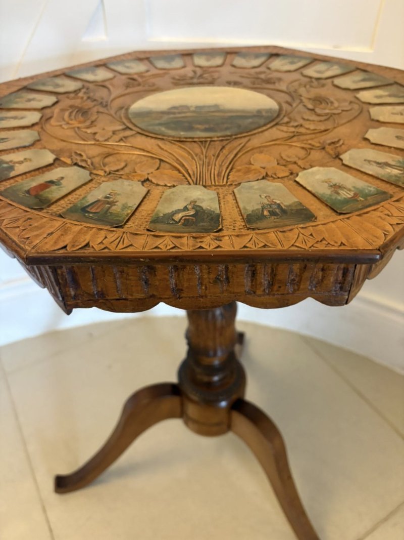 Antique Swiss Black Forest Hand Painted Walnut and Beech Folk Art Occasional Lamp Side Table - Image 5