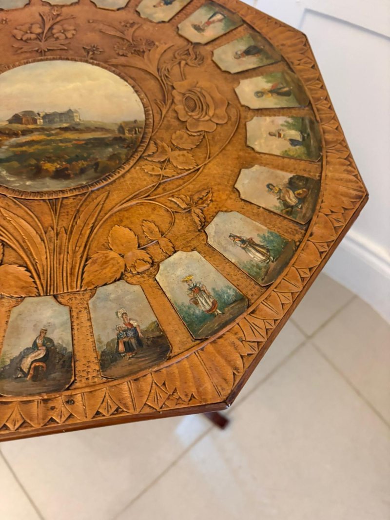 Antique Swiss Black Forest Hand Painted Walnut and Beech Folk Art Occasional Lamp Side Table - Image 7