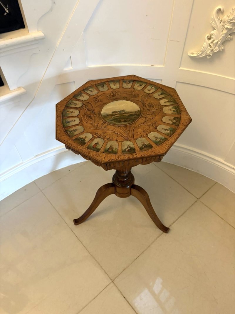 Antique Swiss Black Forest Hand Painted Walnut and Beech Folk Art Occasional Lamp Side Table