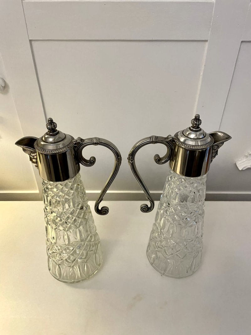 Pair of Antique Edwardian Quality Silver Plated and Cut Glass Claret Jugs - Image 4