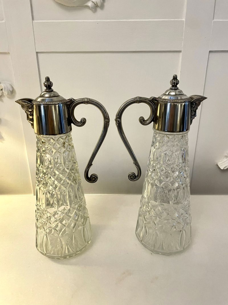 Pair of Antique Edwardian Quality Silver Plated and Cut Glass Claret Jugs - Image 2