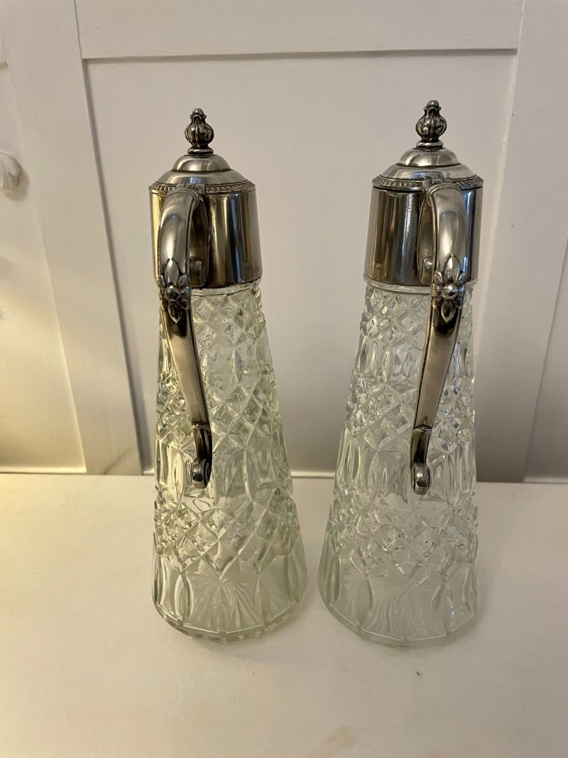 Pair of Antique Edwardian Quality Silver Plated and Cut Glass Claret Jugs - Image 5
