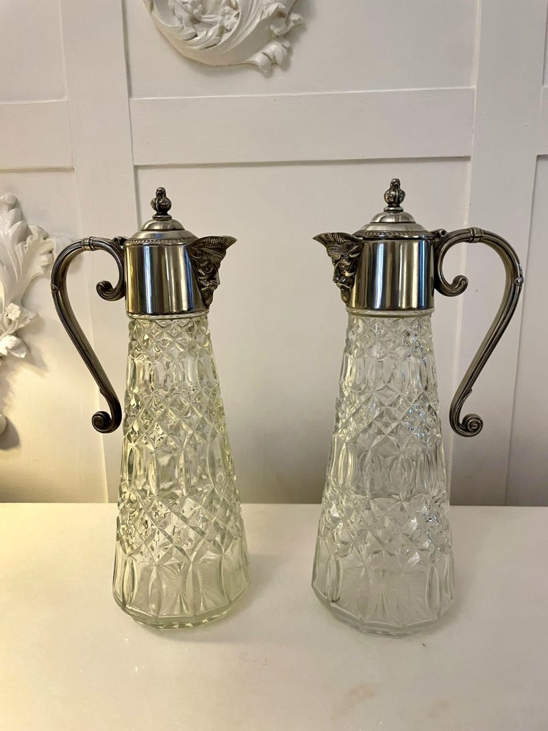 Pair of Antique Edwardian Quality Silver Plated and Cut Glass Claret Jugs
