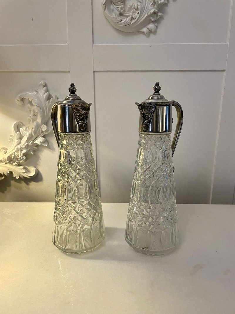 Pair of Antique Edwardian Quality Silver Plated and Cut Glass Claret Jugs - Image 7