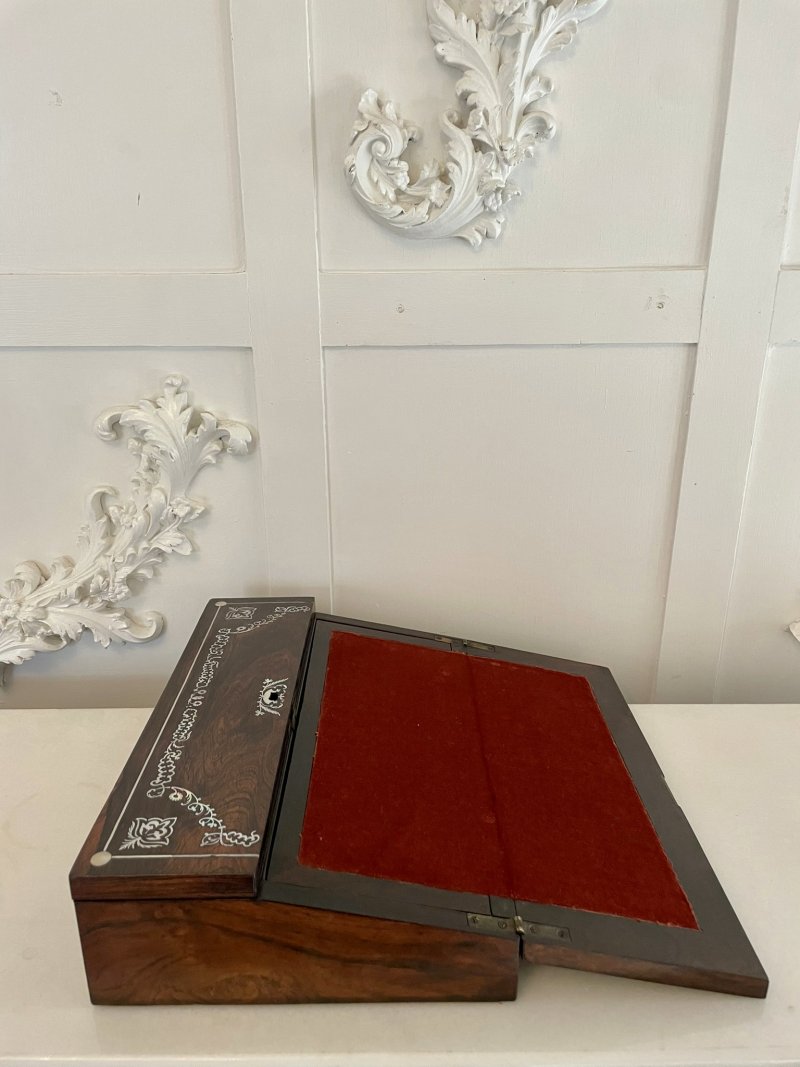 Unusual Antique Victorian Quality Rosewood Inlaid Writing Box - Image 6