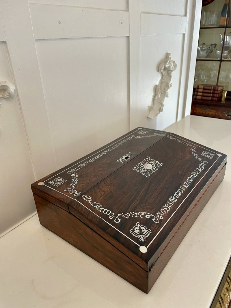 Unusual Antique Victorian Quality Rosewood Inlaid Writing Box - Image 2