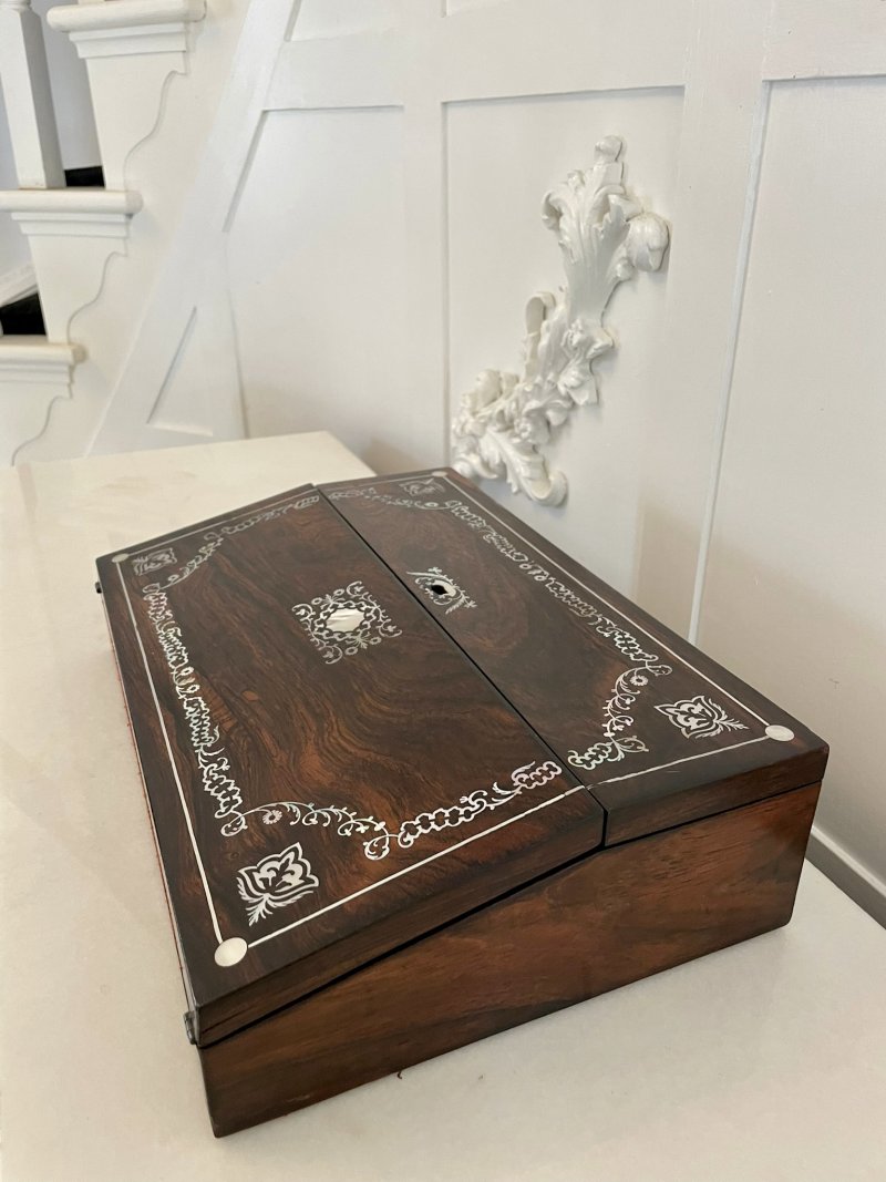 Unusual Antique Victorian Quality Rosewood Inlaid Writing Box - Image 3