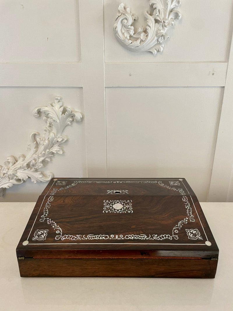 Unusual Antique Victorian Quality Rosewood Inlaid Writing Box