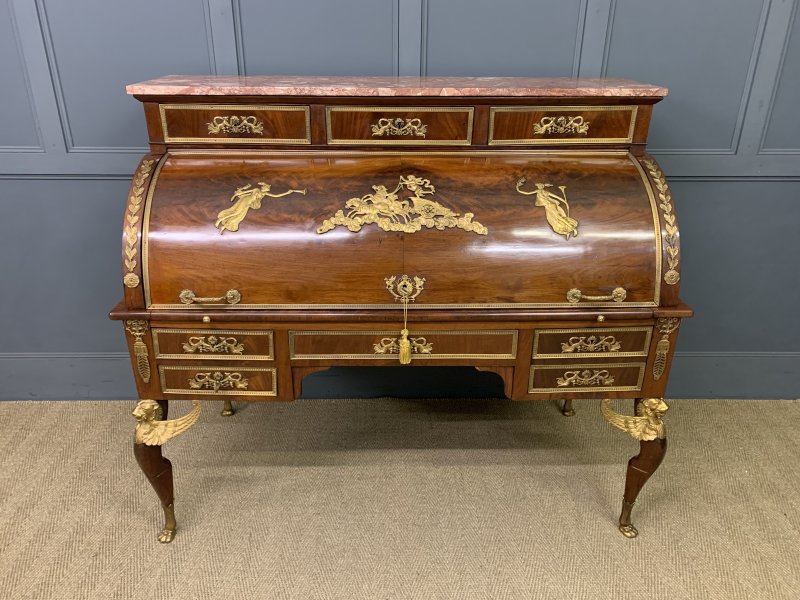 Large 19th Century French Empire Flame Mahogany Cylinder Desk