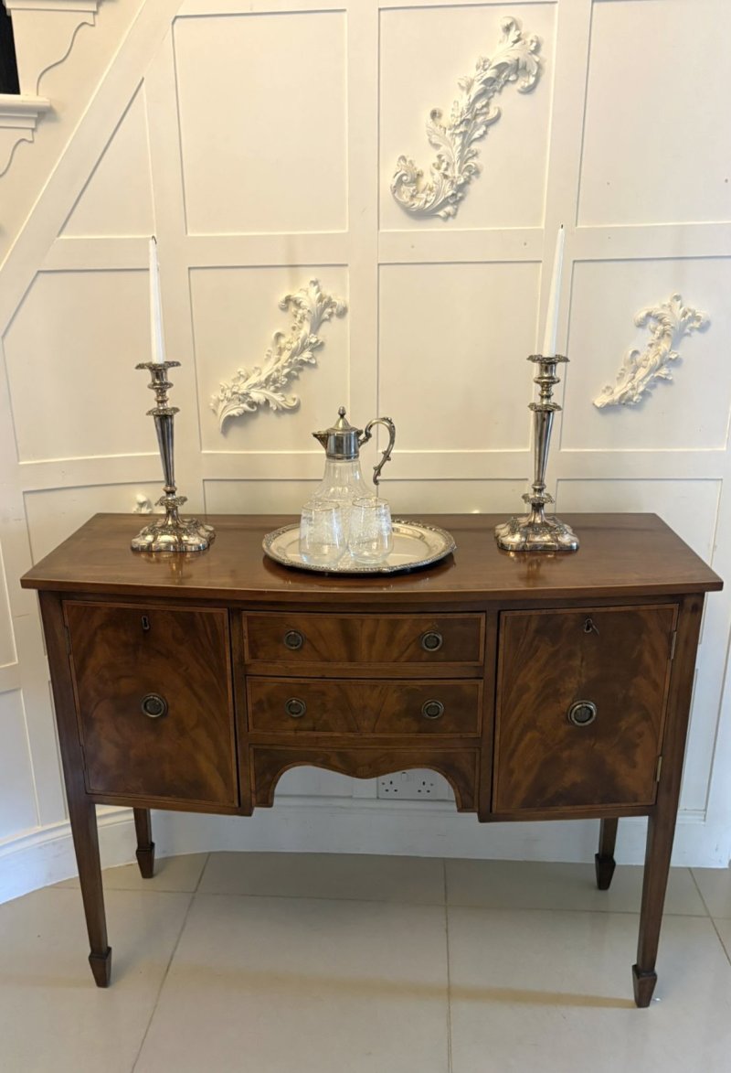 Antique Edwardian Flame Mahogany Bow Front Sideboard Buffet Cabinet - Image 4