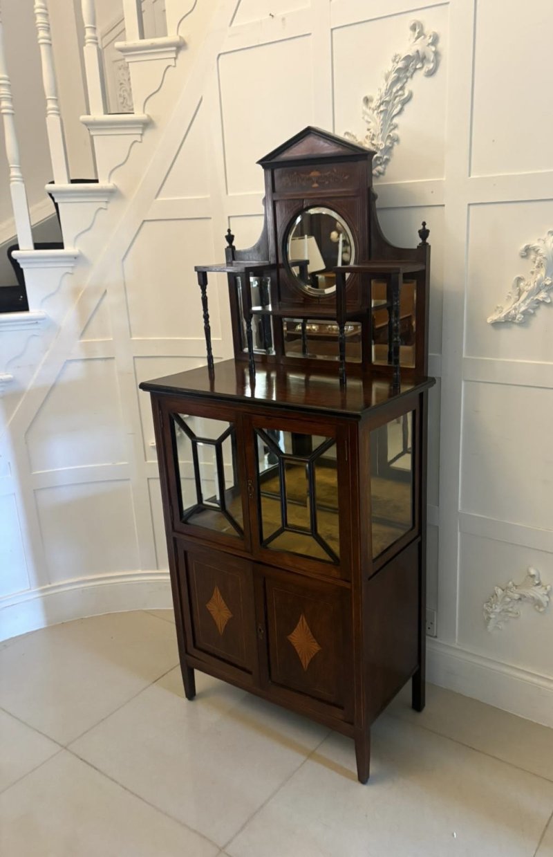 Antique Edwardian Satinwood Inlaid Mahogany Display Cabinet With Mirror Back - Image 4
