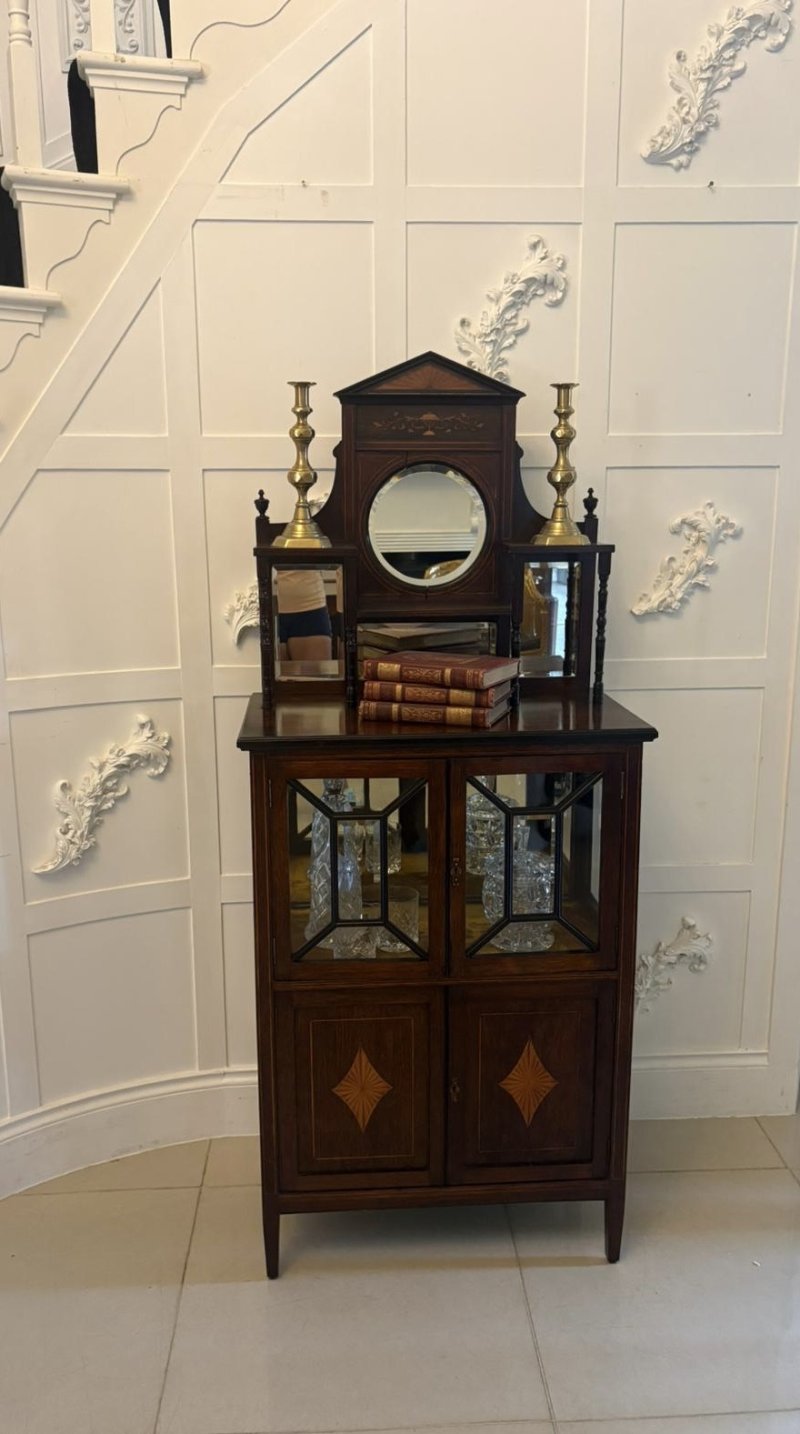 Antique Edwardian Satinwood Inlaid Mahogany Display Cabinet With Mirror Back - Image 5