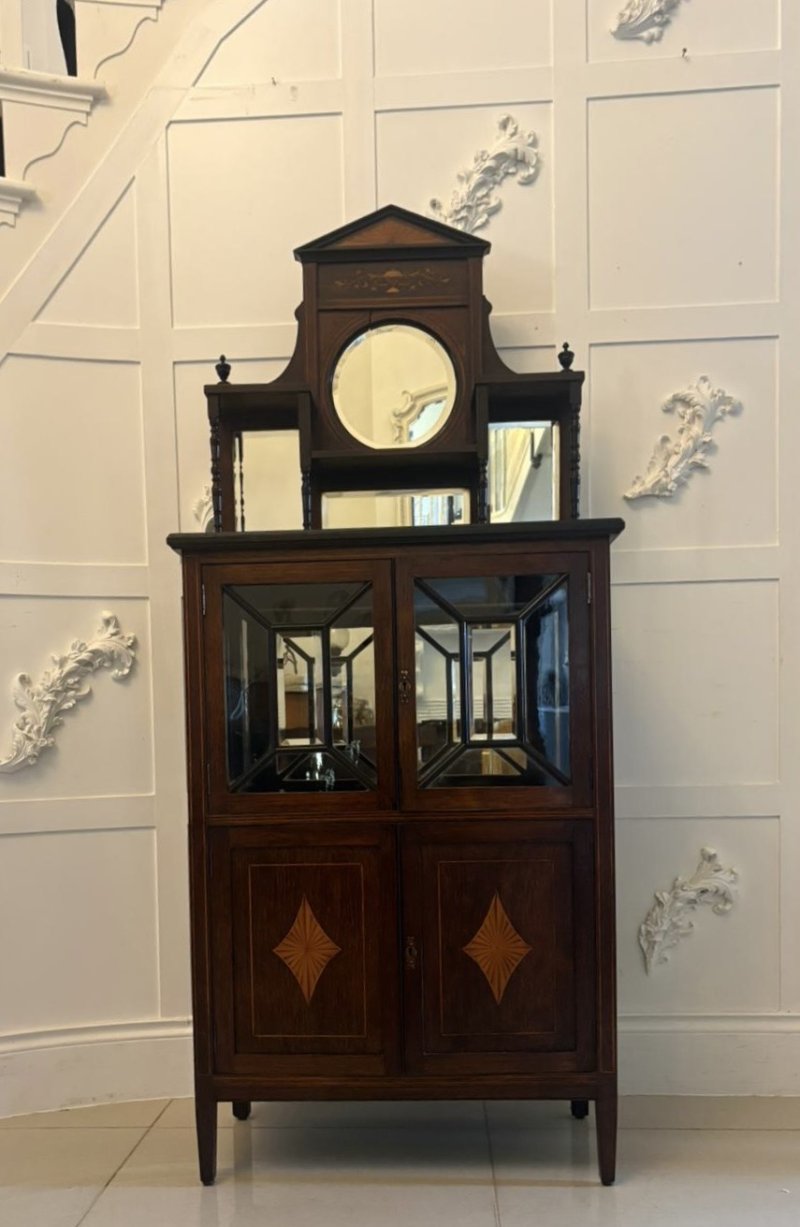 Antique Edwardian Satinwood Inlaid Mahogany Display Cabinet With Mirror Back