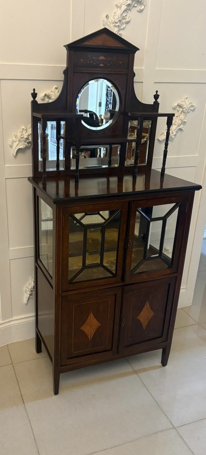 Antique Edwardian Satinwood Inlaid Mahogany Display Cabinet With Mirror Back - Image 6