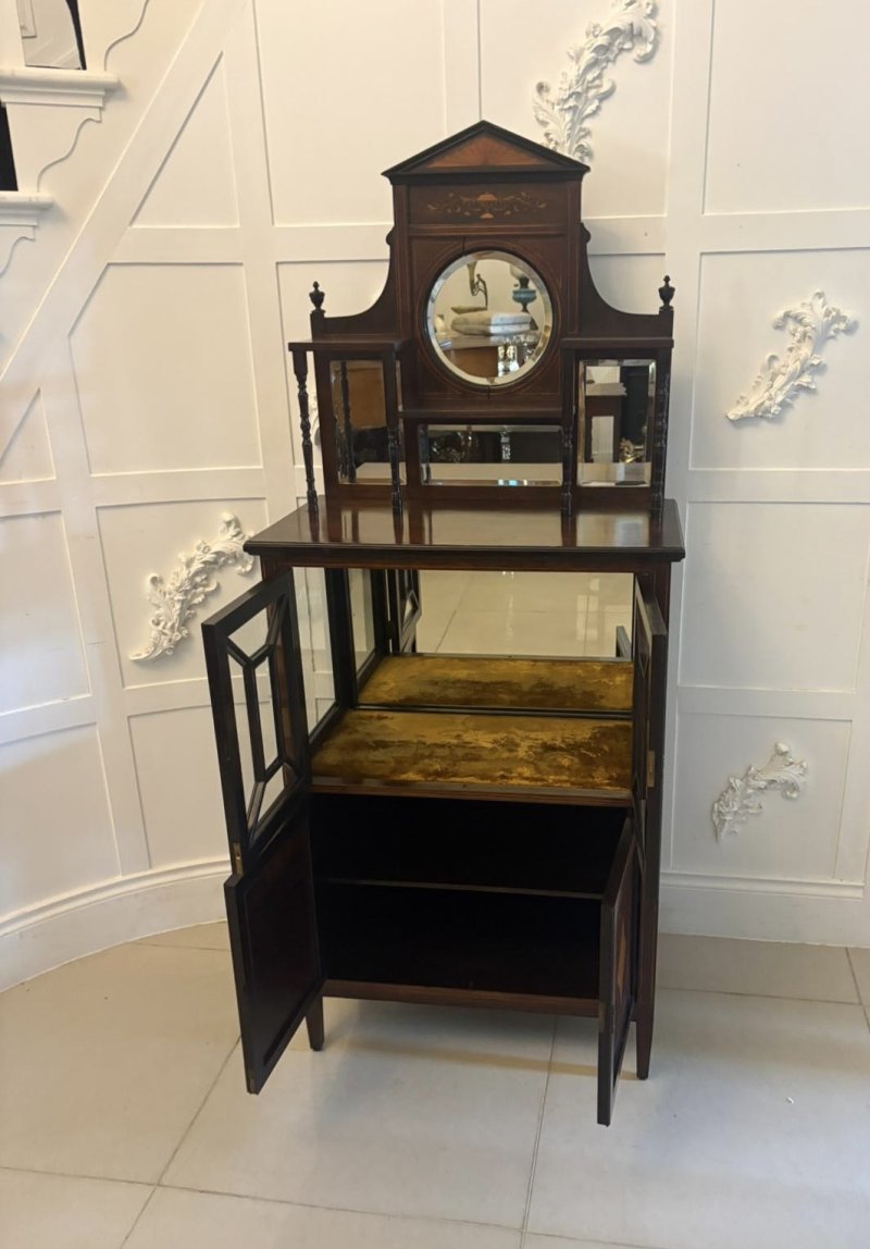 Antique Edwardian Satinwood Inlaid Mahogany Display Cabinet With Mirror Back - Image 3