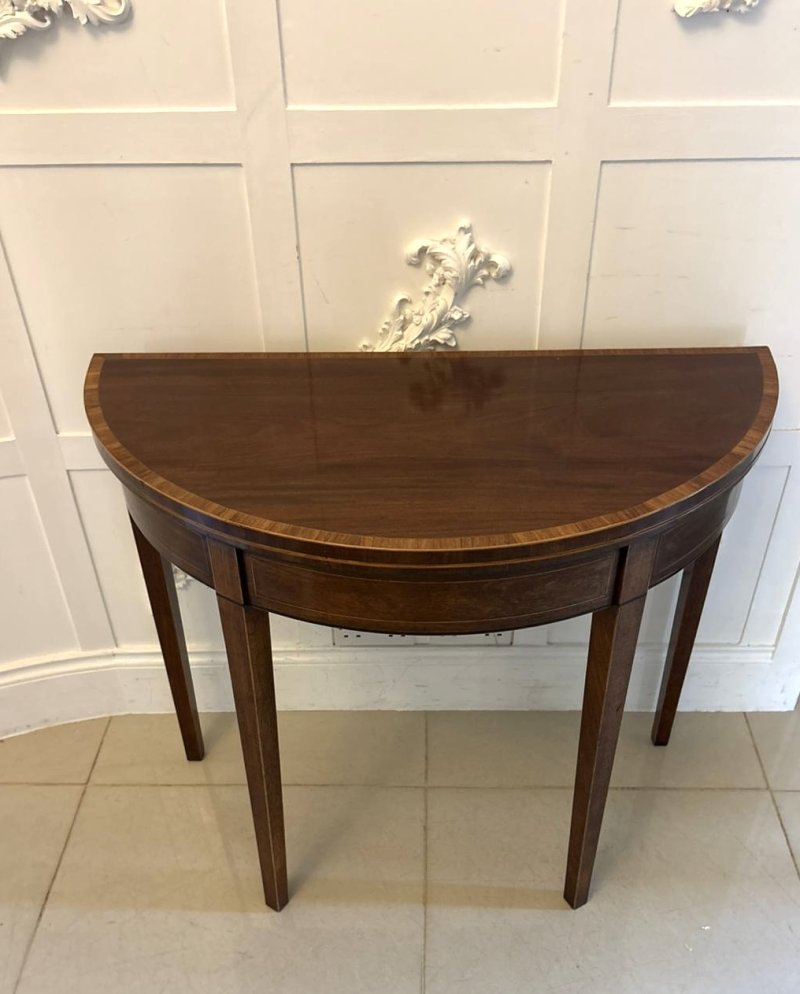 Antique Georgian Mahogany Demi Lune Console Table & Fold Over Card Table Games Table - Image 4