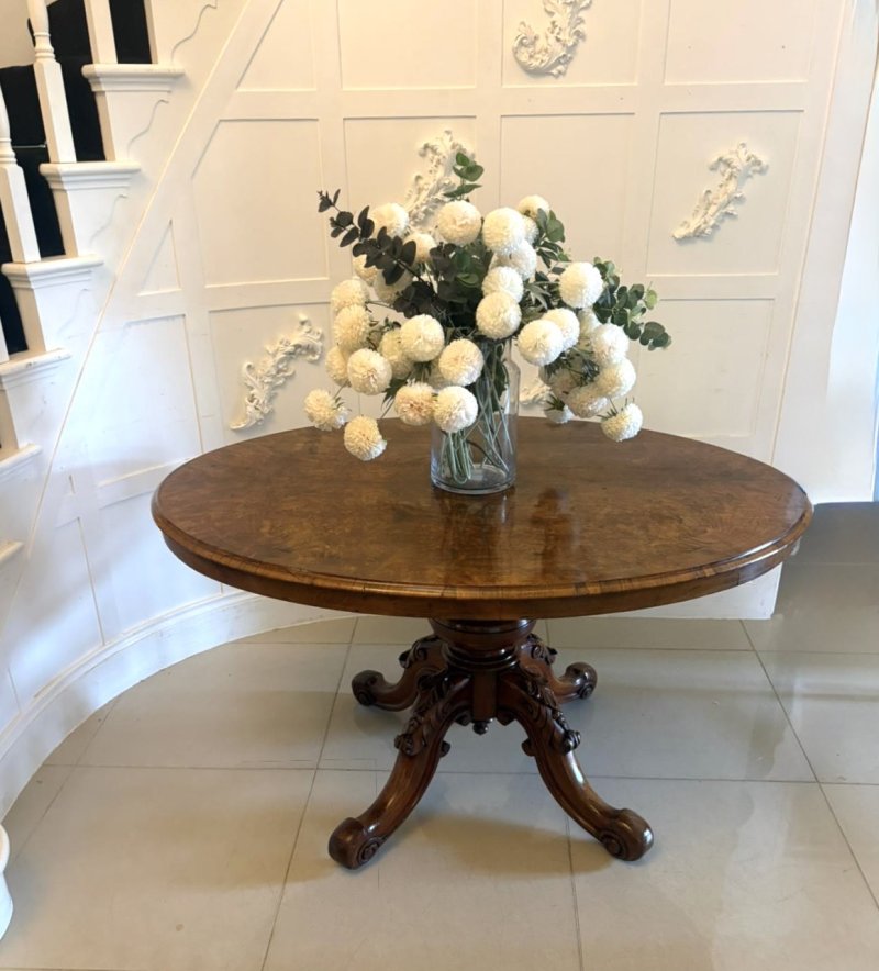 Antique Victorian Burr Walnut Carved Centre Table Dining Table - Image 3