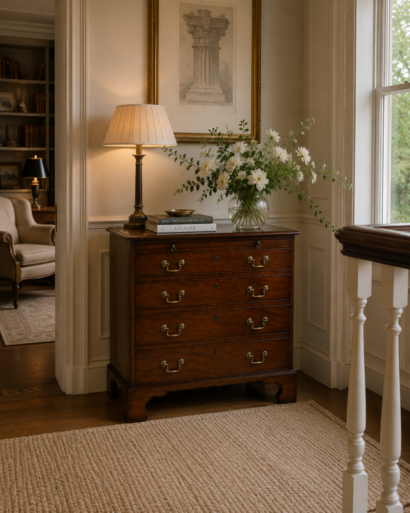 Antique Small Georgian Mahogany Four Drawer Chest of Drawers with Brushing Slide - Image 2