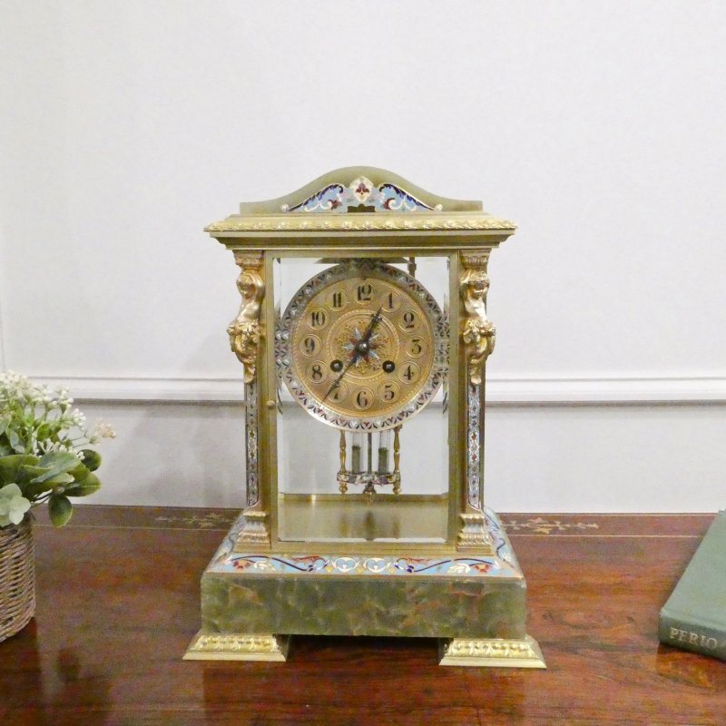French Onyx & Champleve Four Glass Mantel Clock