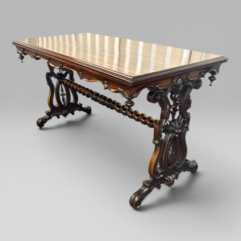 Antique Early Victorian Zebrawood & Rosewood Carved Stretcher Leg Centre Table