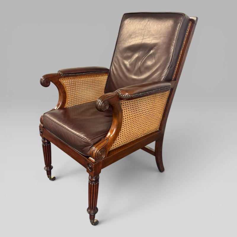 Antique Regency Mahogany & Caned Library Bergère Armchair