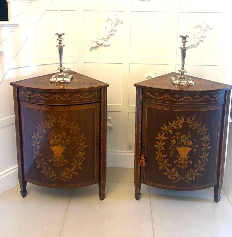 Antique Pair of English Victorian Marquetry Inlaid Mahogany Corner Cabinets - Image 4