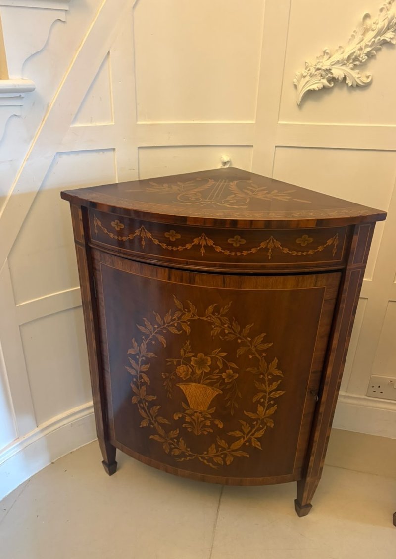 Antique Pair of English Victorian Marquetry Inlaid Mahogany Corner Cabinets - Image 5